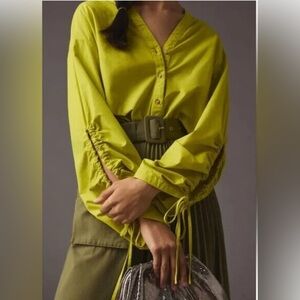 PILCRO Anthropologie Lime Green Drawstring Chartreuse Button-Up Blouse Top XS